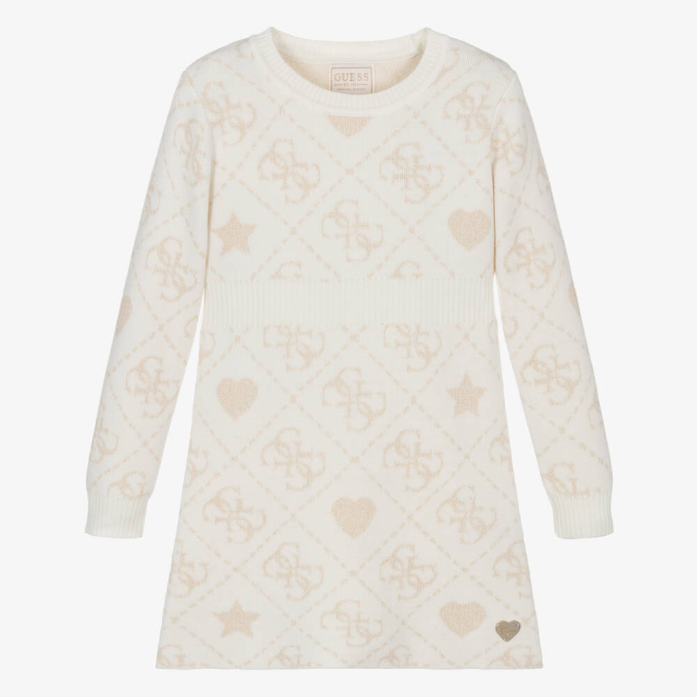 Guess-Girls Ivory & Gold 4g Logo Knitted Dress | Childrensalon Outlet