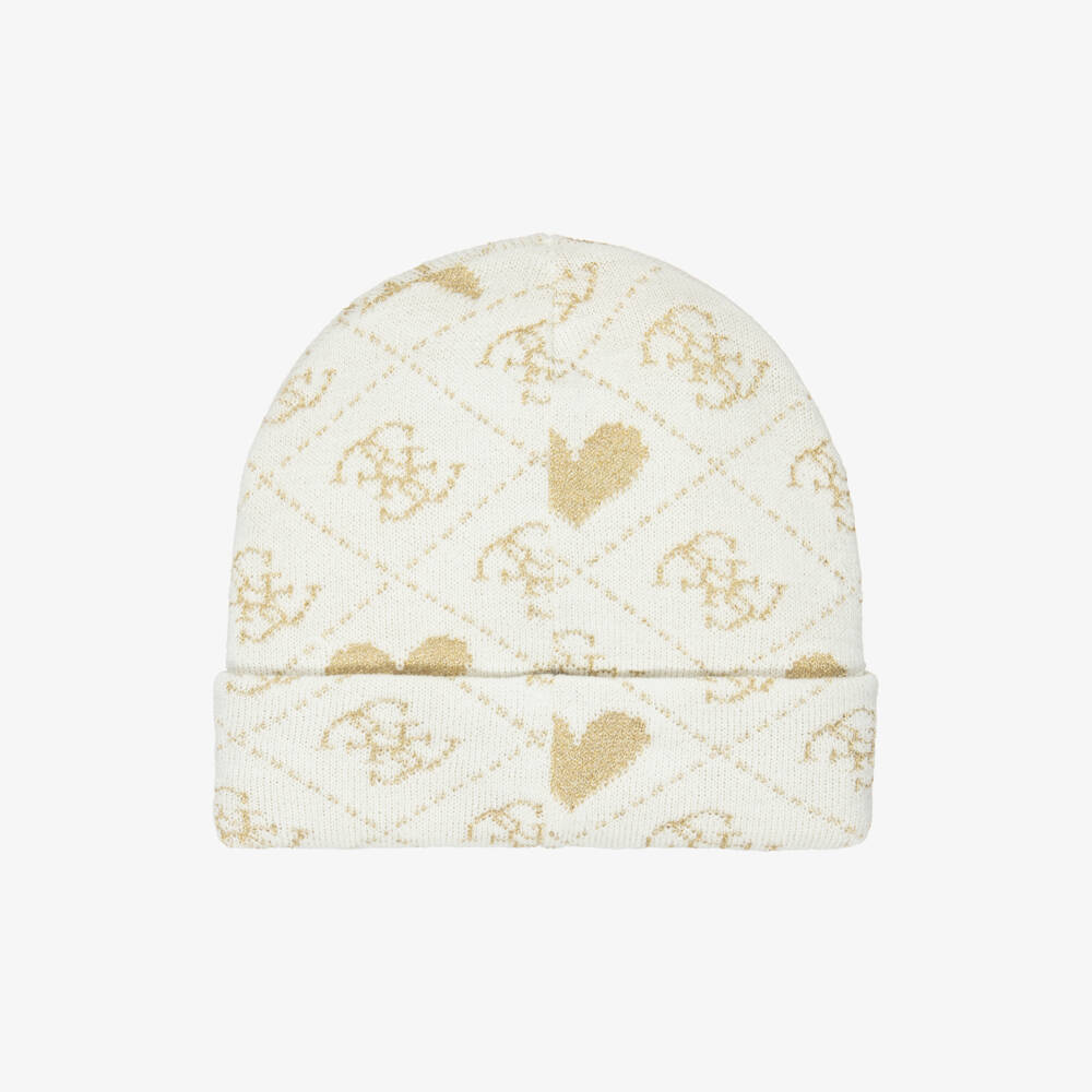 Guess-Girls Ivory & Gold 4G Logo Print Hat & Scarf Set | Childrensalon Outlet
