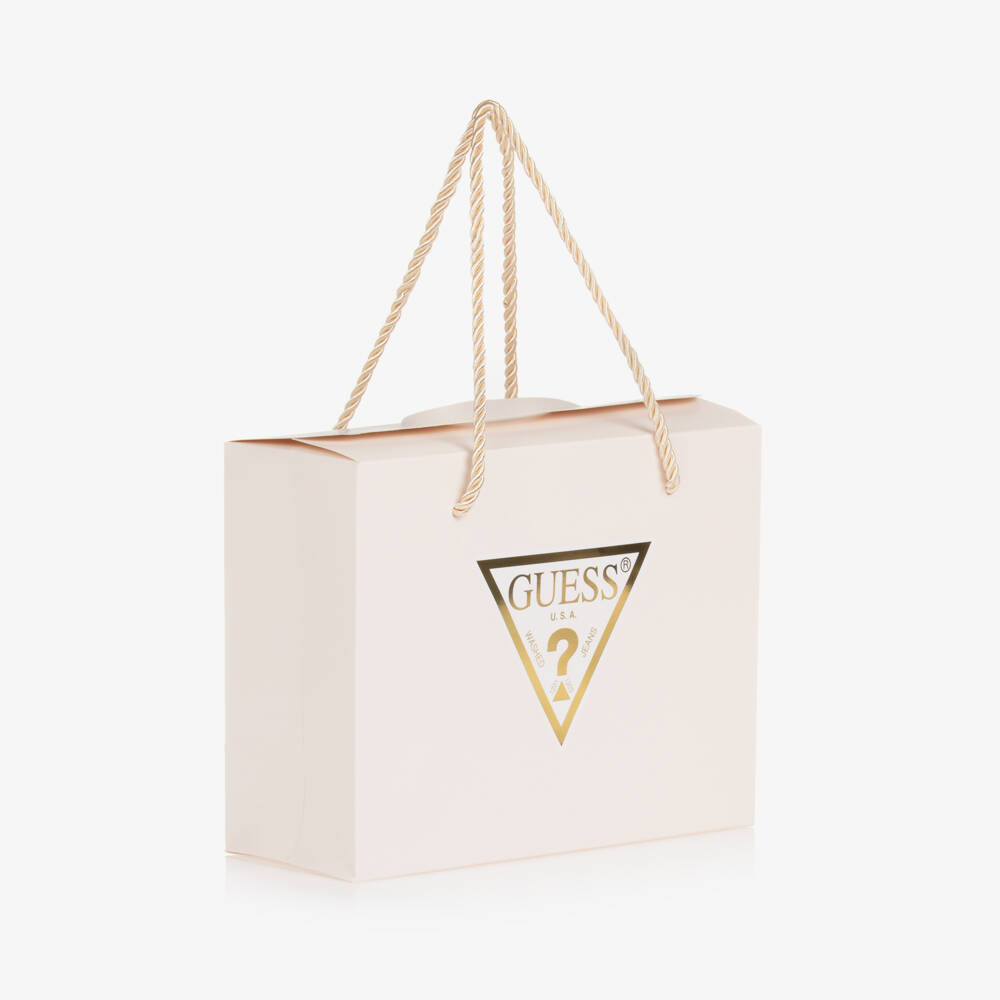 Guess-Girls Ivory & Gold 4G Logo Print Hat & Scarf Set | Childrensalon Outlet