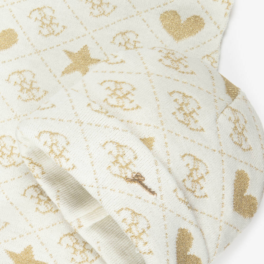 Guess-Girls Ivory & Gold 4G Logo Print Hat & Scarf Set | Childrensalon Outlet