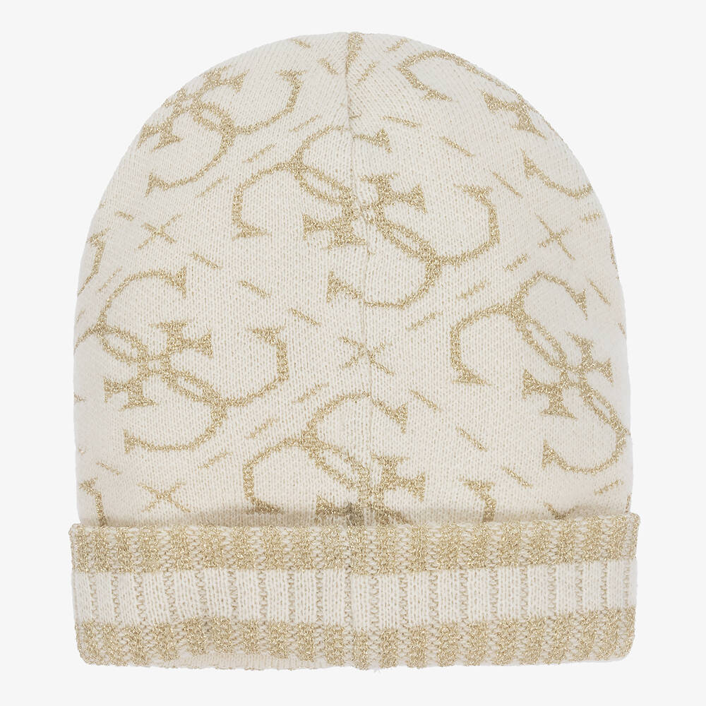 Guess-Girls Ivory & Gold Knitted 4g Hat Set | Childrensalon Outlet