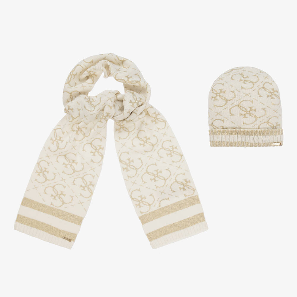 Guess - Кремово-золотистый вязаный шарф и шапка для девочек | Childrensalon