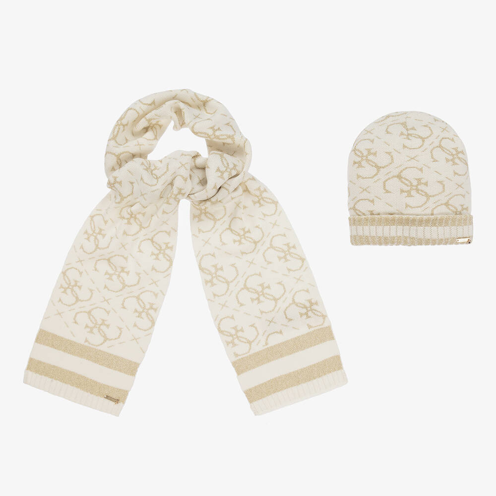 Guess - Girls Ivory & Gold Knitted 4g Hat Set | Childrensalon