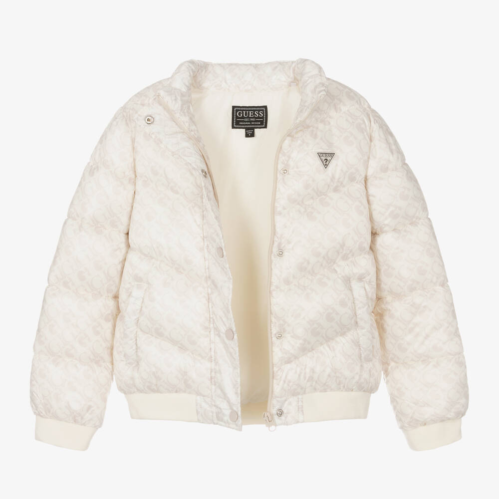 Guess-Кремовая куртка-пуховик для девочек с монограммой для девочек | Childrensalon Outlet