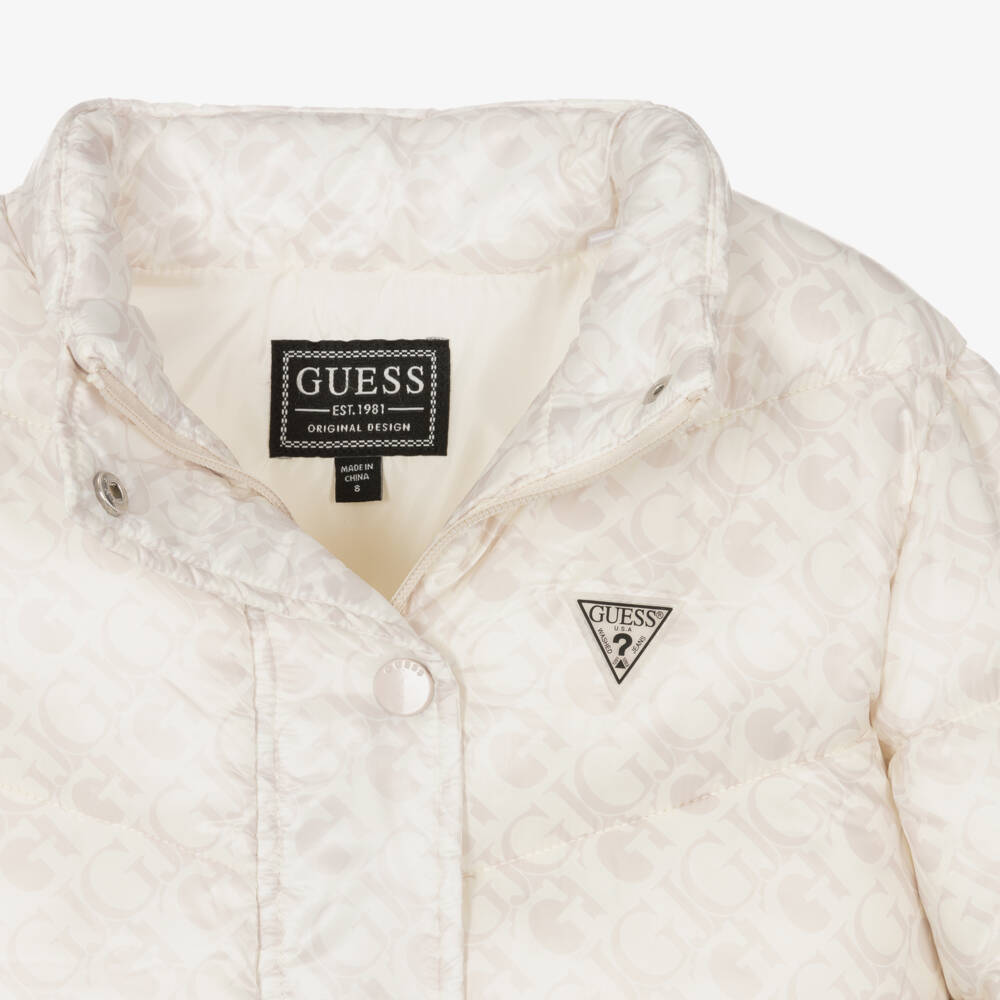 Guess-Кремовая куртка-пуховик для девочек с монограммой для девочек | Childrensalon Outlet