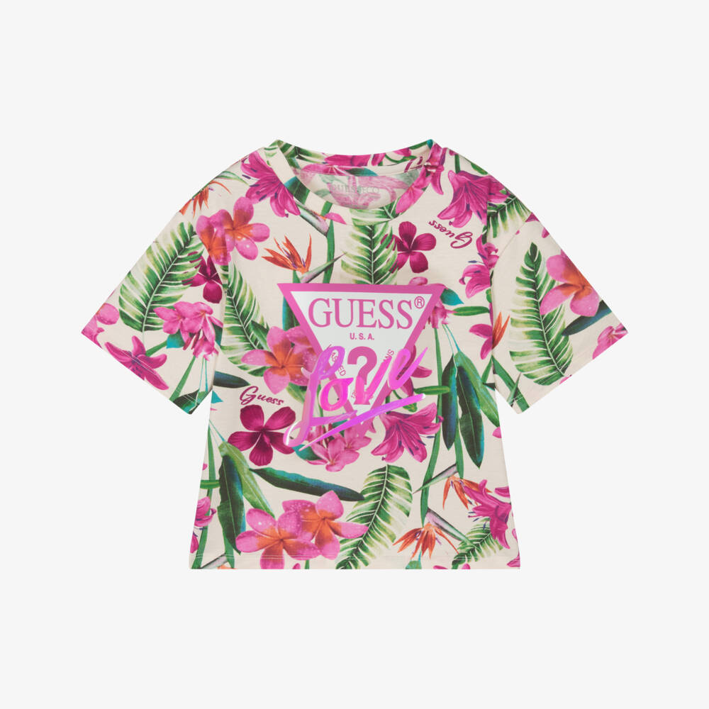Guess-Girls Ivory Pink Tropical Tee | Childrensalon Outlet
