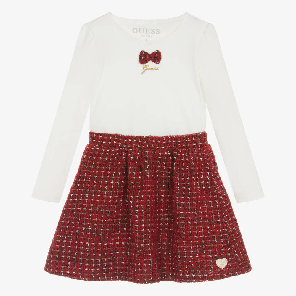Guess - Girls Ivory Top & Red Tweed Skirt Set | Childrensalon