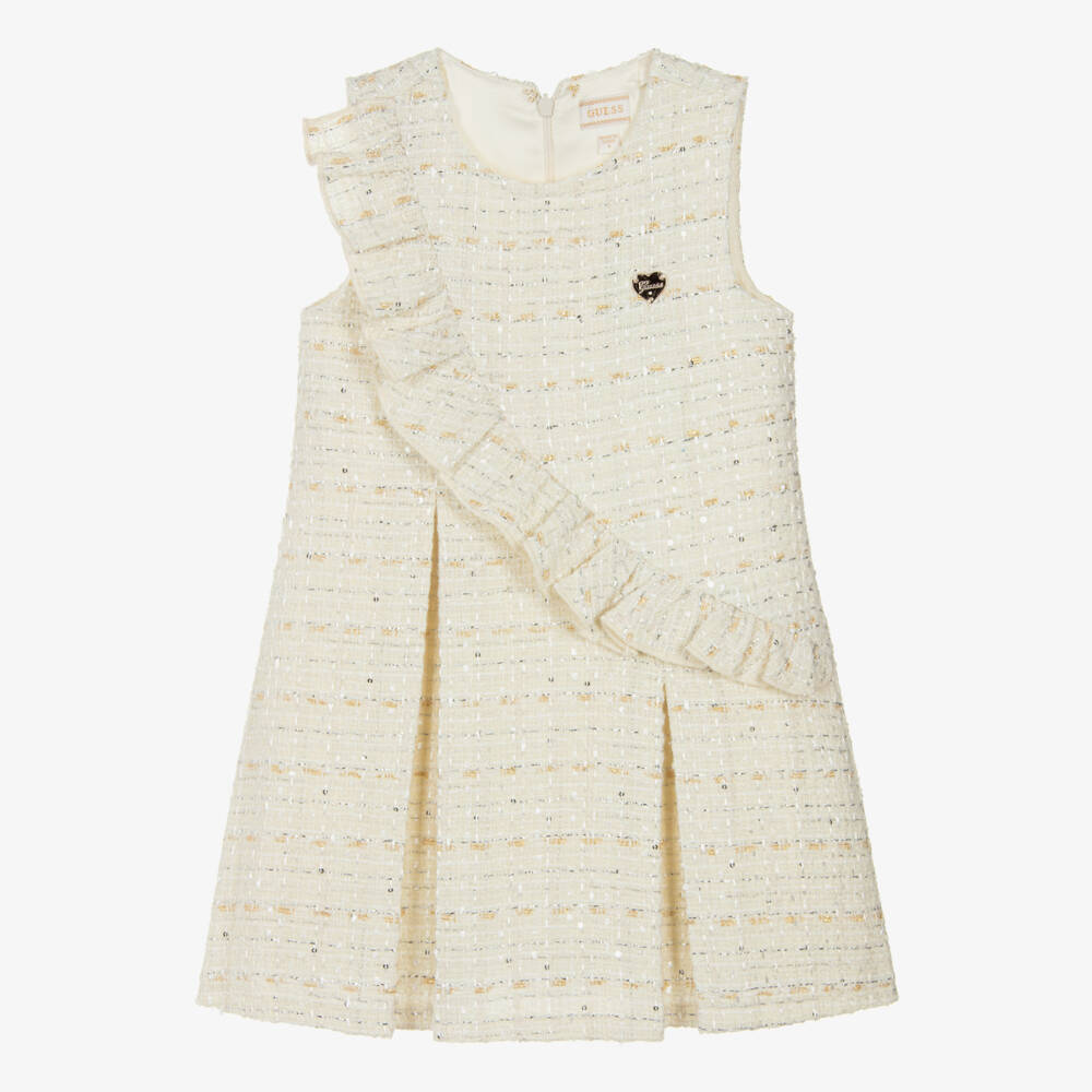 Guess- Girls Ivory Tweed Dress with Silver Thread & Sequins | Childrensalon Outlet