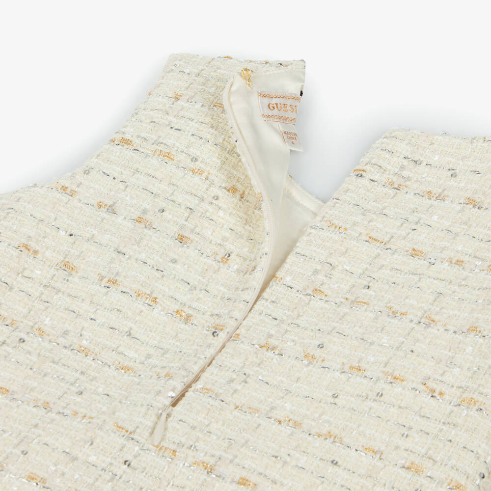 Guess- Girls Ivory Tweed Dress with Silver Thread & Sequins | Childrensalon Outlet