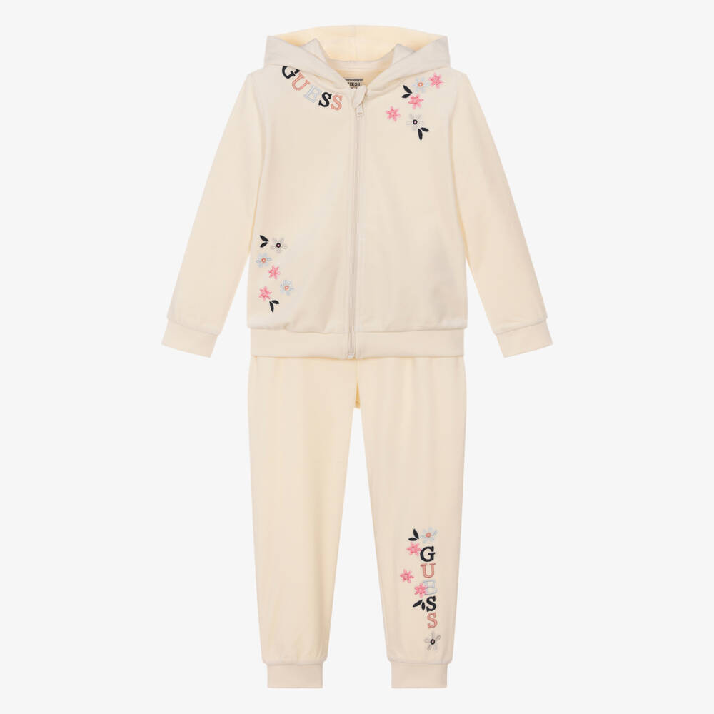 Guess-Girls Ivory Velour Tracksuit with Embroidered Flowers | Childrensalon Outlet