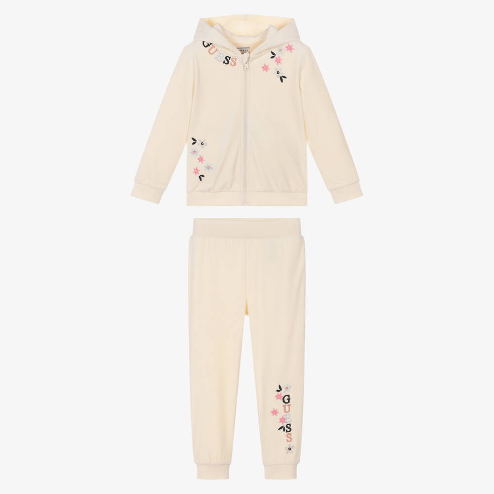 Guess-Girls Ivory Velour Tracksuit with Embroidered Flowers | Childrensalon Outlet