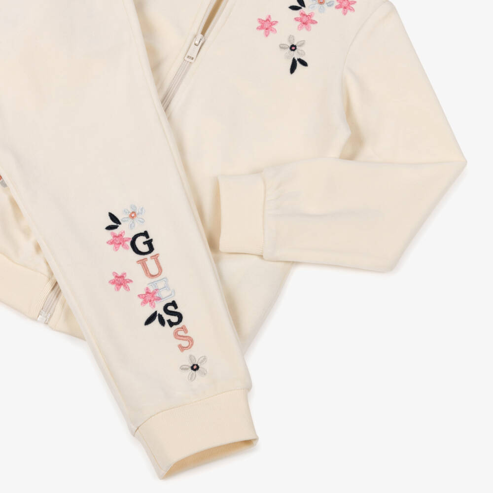 Guess-Girls Ivory Velour Tracksuit with Embroidered Flowers | Childrensalon Outlet