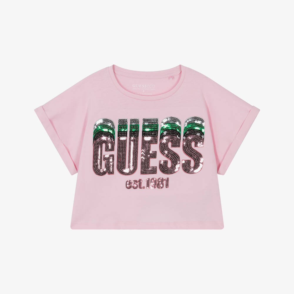 Guess-Girls Light Pink Sequin Crop Tee | Childrensalon Outlet