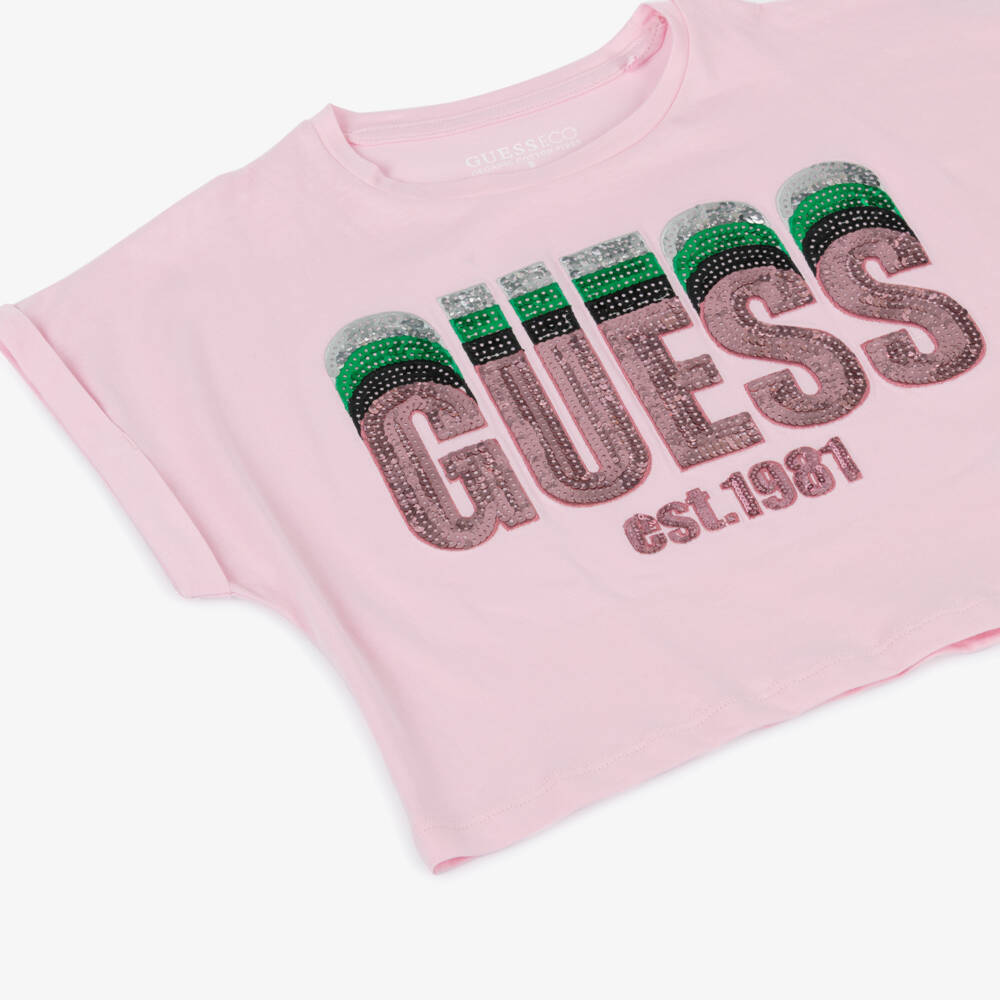 Guess-Girls Light Pink Sequin Crop Tee | Childrensalon Outlet