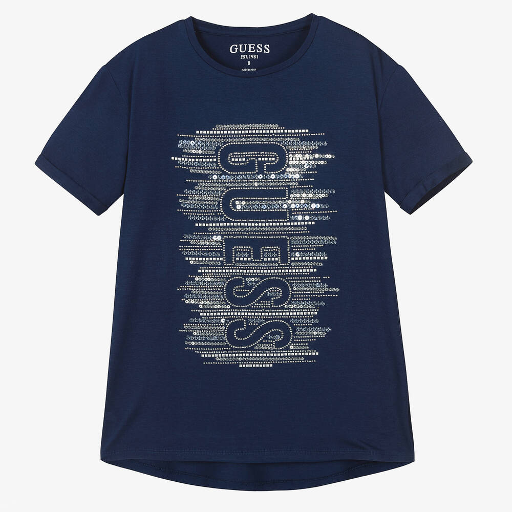 Guess - Girls Navy Blue Long Logo T-Shirt | Childrensalon
