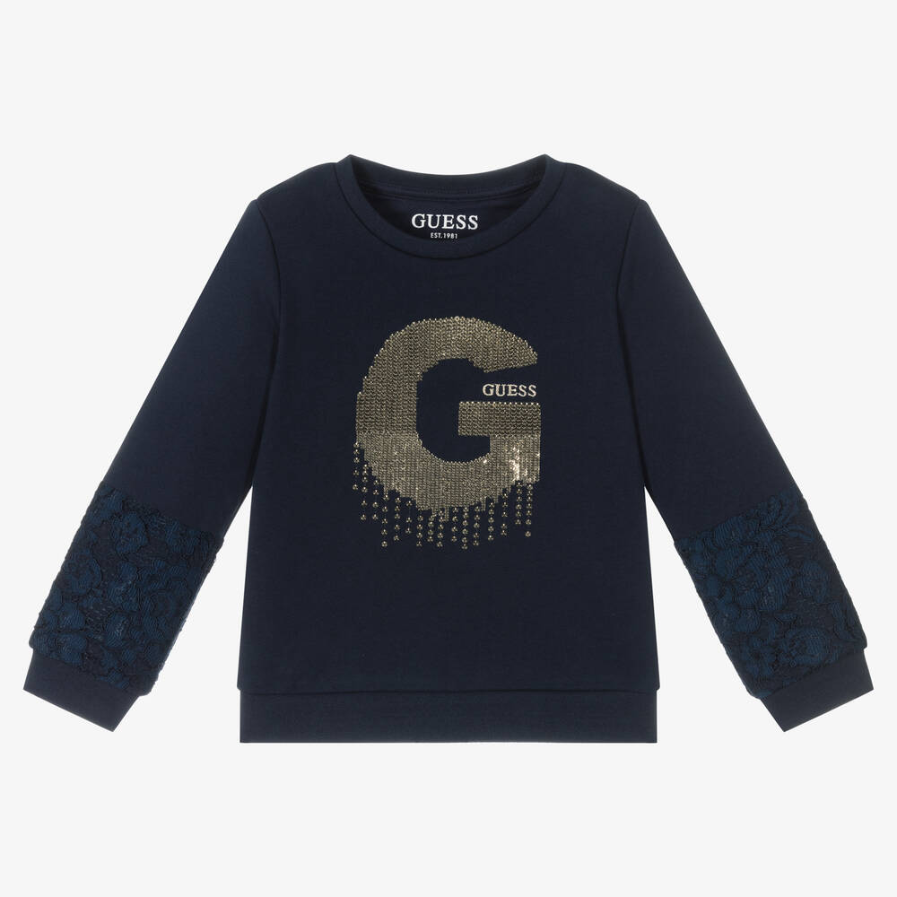 Guess - Sweat bleu marine à sequins fille | Childrensalon