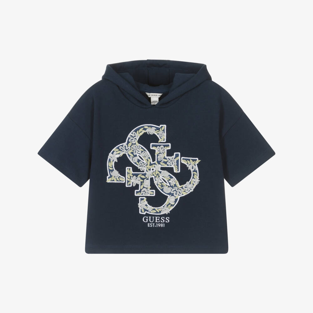Guess-هودي قطن أزرق داكن مزين بشعار زهري للبنات | Childrensalon Outlet