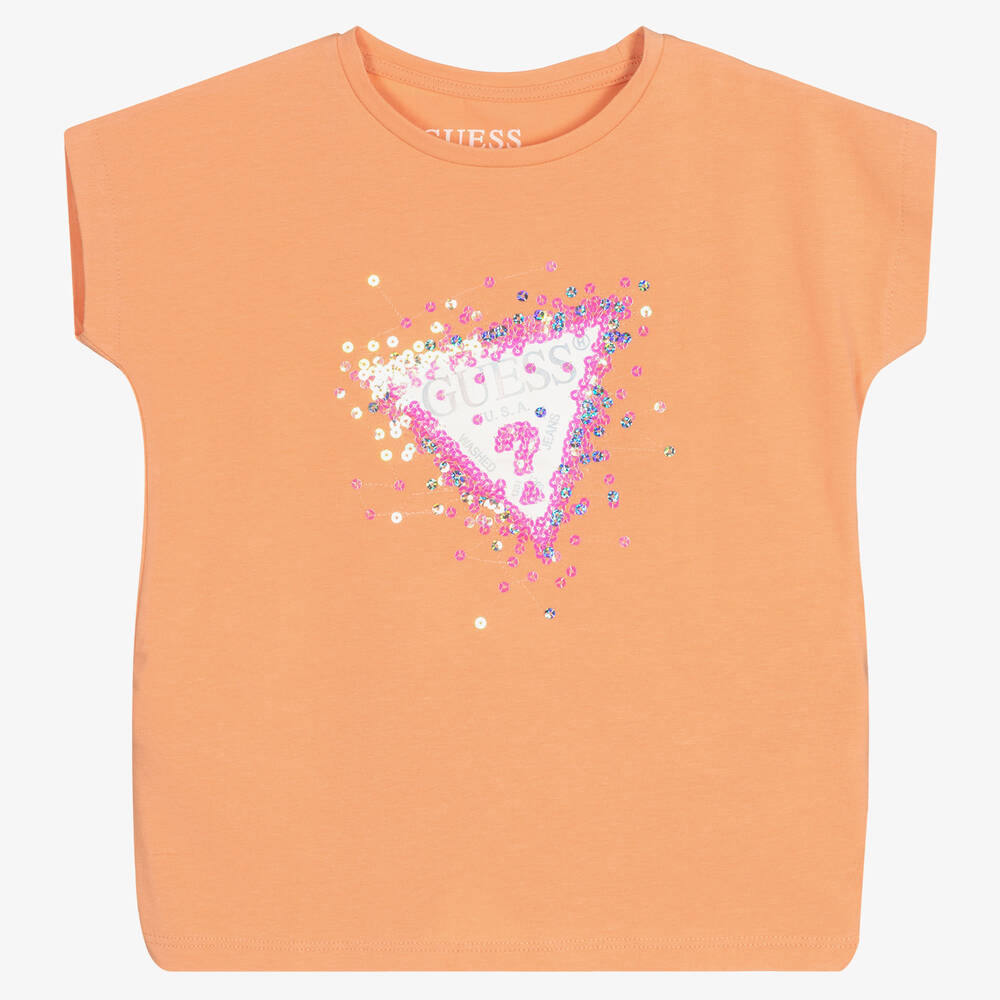 Guess - Girls Orange Cotton Sequin Logo T-Shirt | Childrensalon