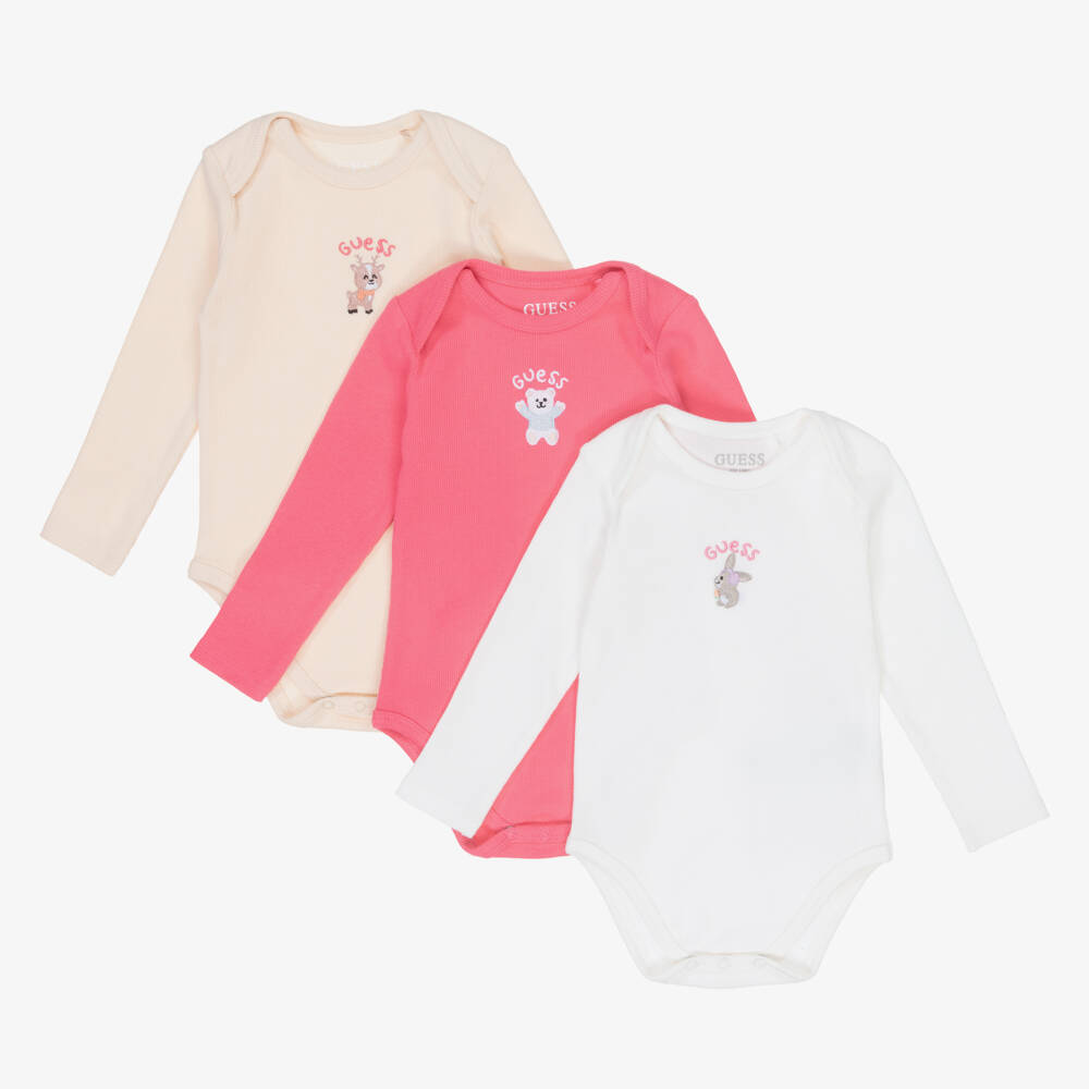 Guess-Girls Pink & Beige Cotton Bodysuits Trio | Childrensalon Outlet