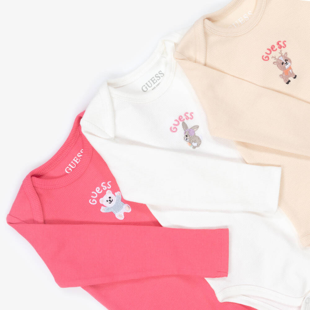 Guess-Girls Pink & Beige Cotton Bodysuits Trio | Childrensalon Outlet