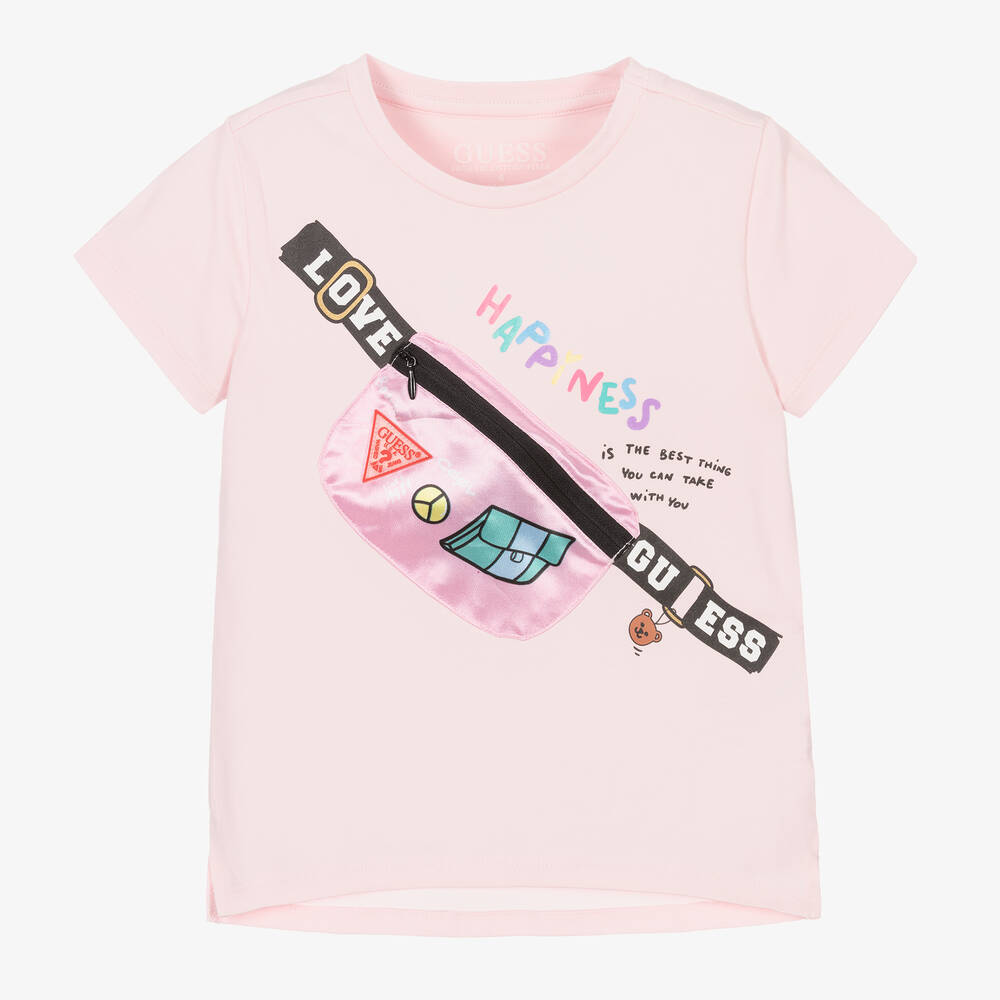 Guess - Girls Pink Cotton Bag Print T-Shirt | Childrensalon