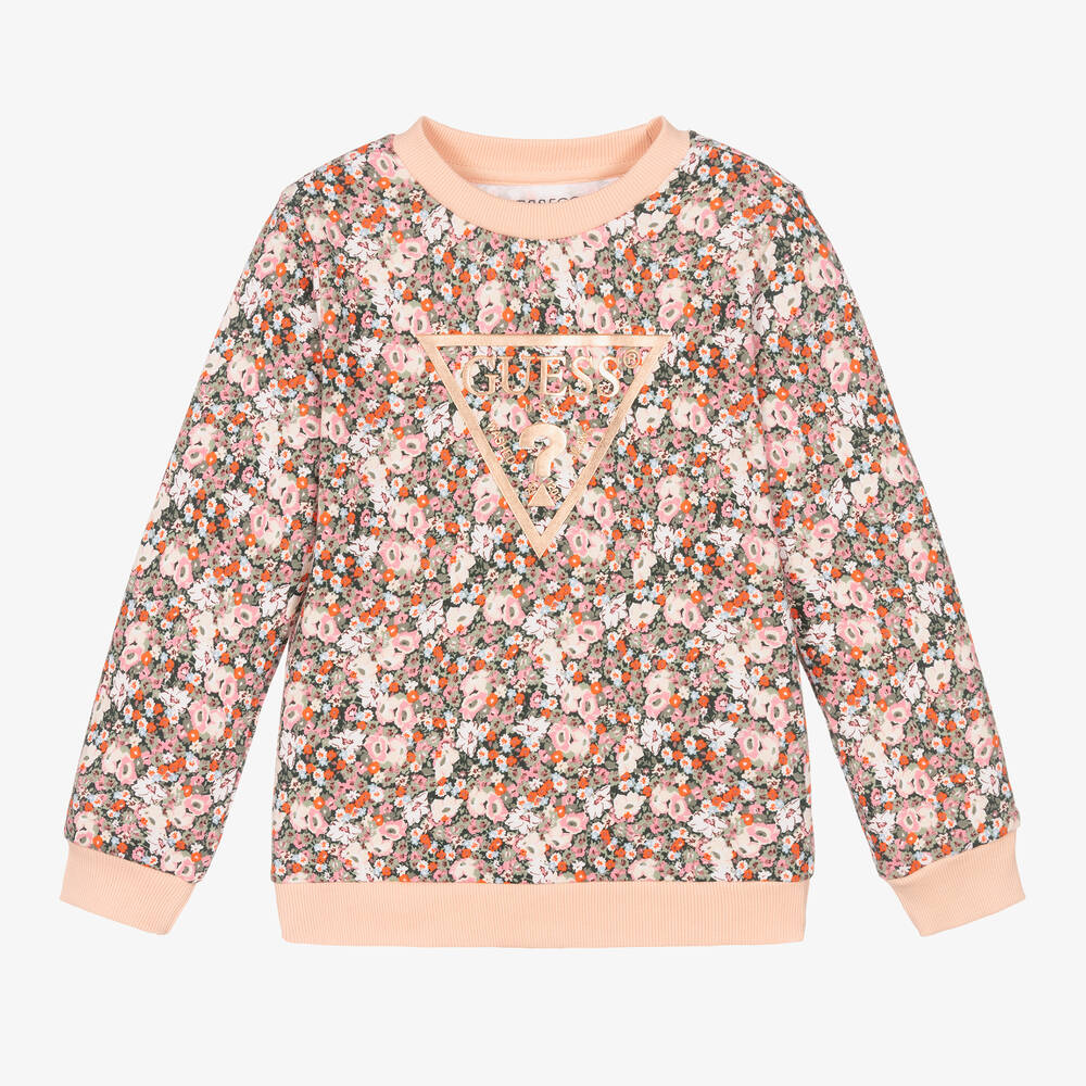 Guess - Girls Pink Cotton Floral Print Sweatshirt | Childrensalon