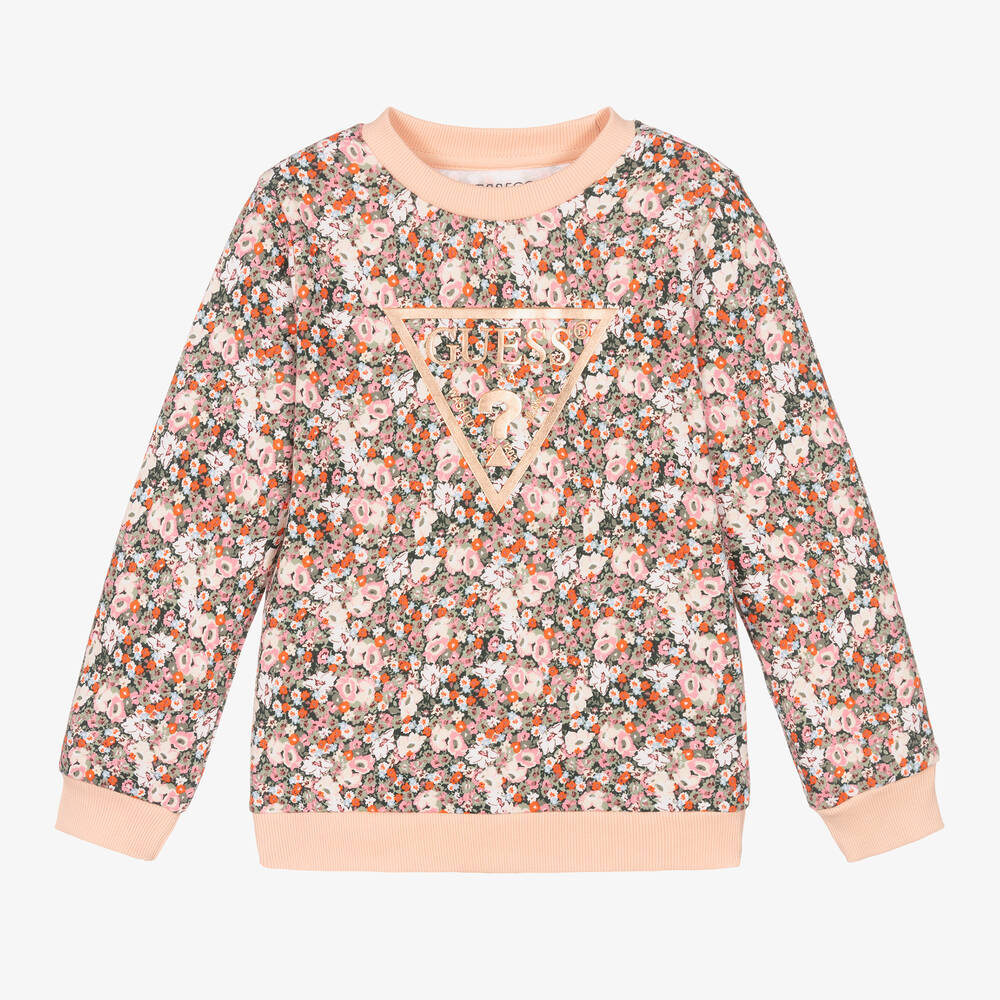 Guess - Sweat rose en coton à fleurs fille | Childrensalon