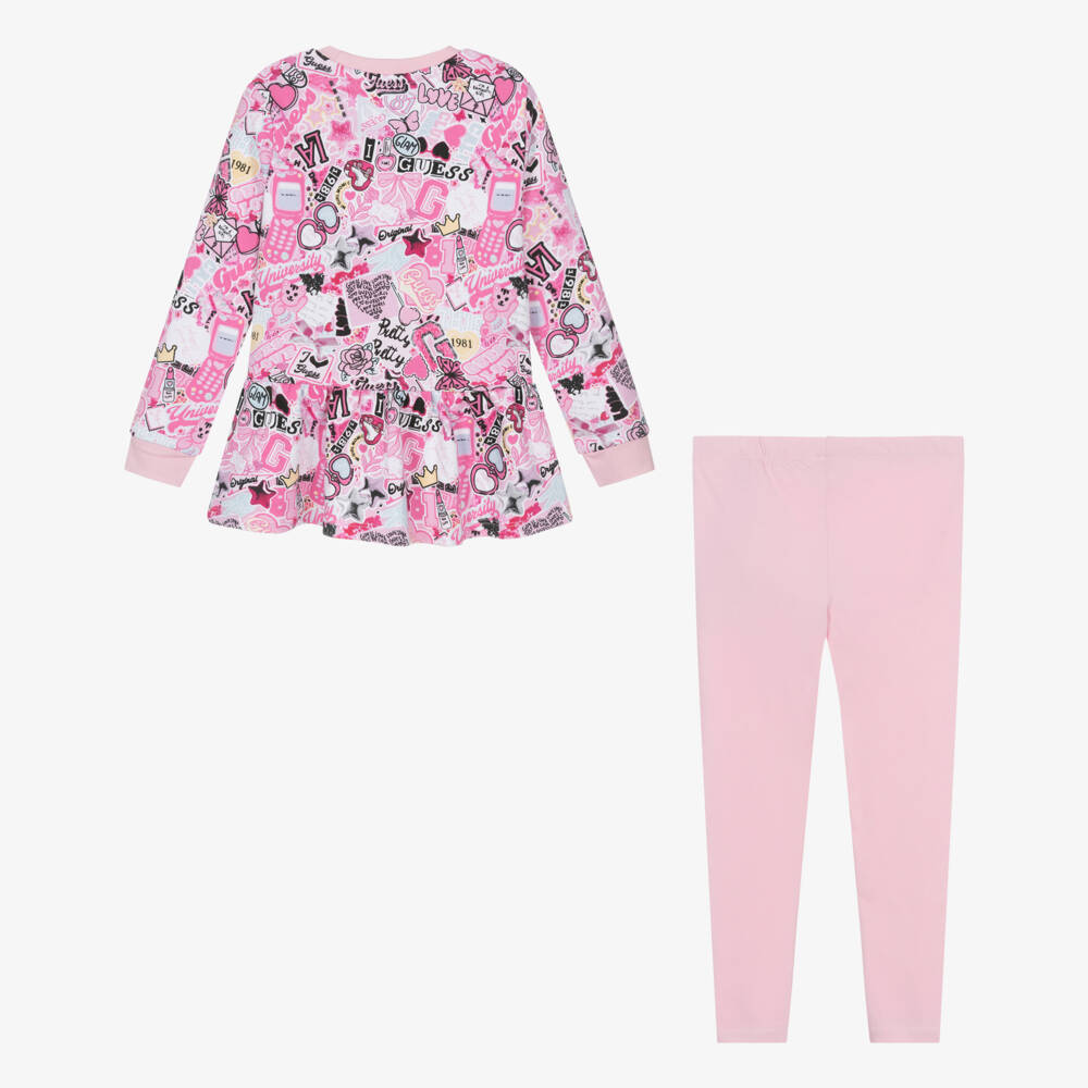 Guess-Girls Pink Cotton Leggings Set with Graphic Logo Print | Childrensalon Outlet