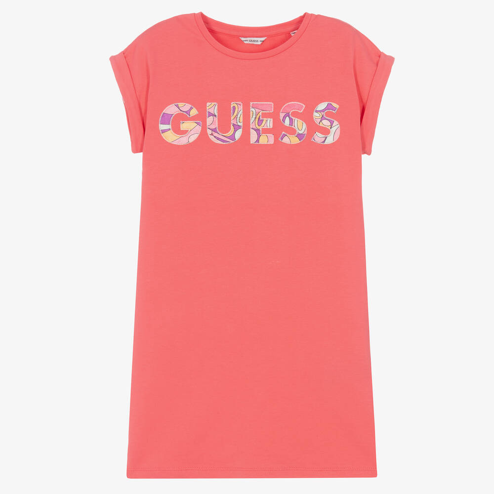 Guess - فستان تيشيرت قطن جيرسي لون زهري مرجاني | Childrensalon