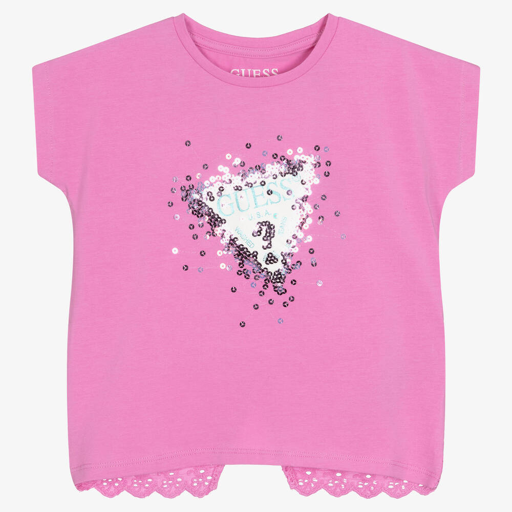 Guess - Girls Pink Cotton Sequin Logo T-Shirt | Childrensalon