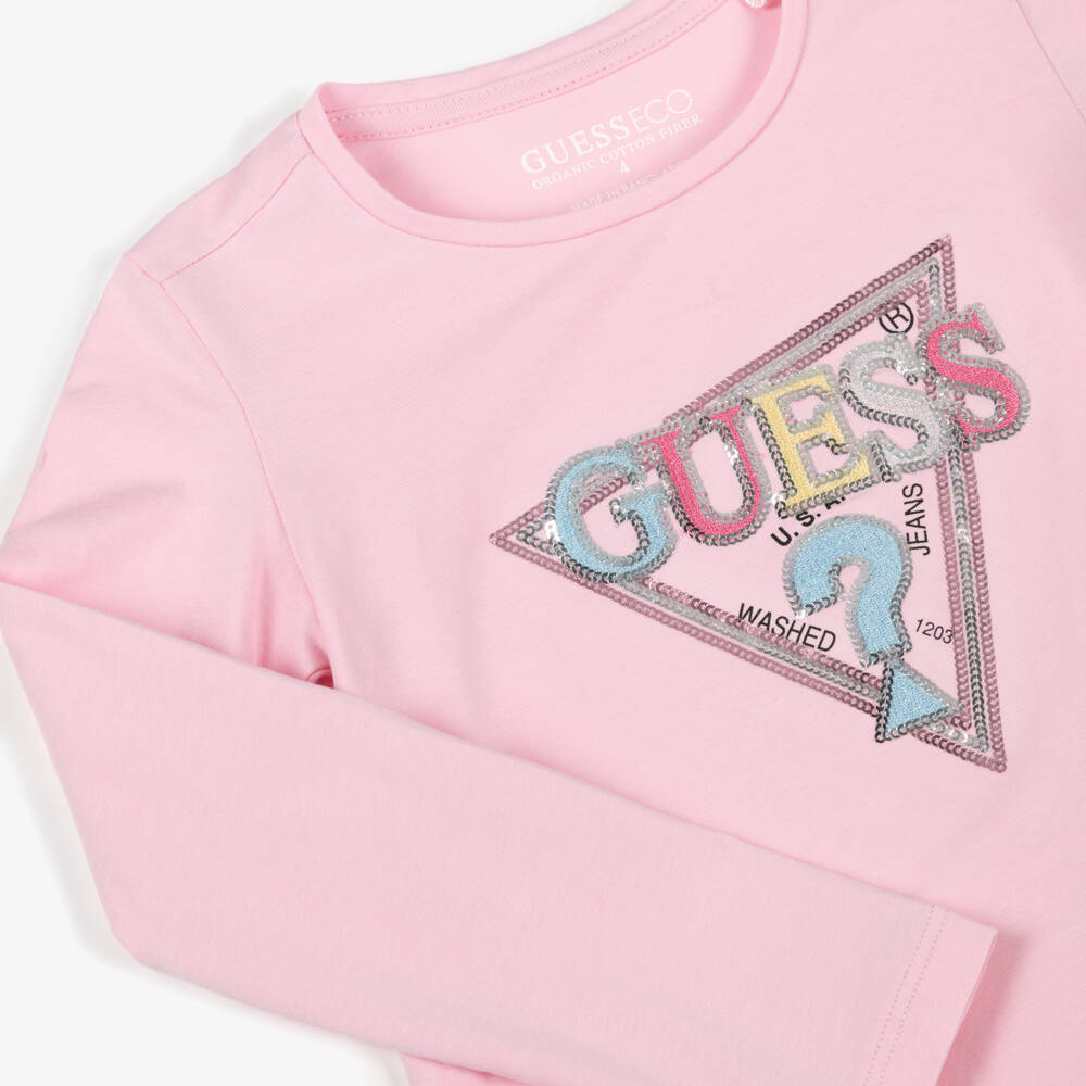 Guess-Girls Pink Cotton Sequin Logo Top | Childrensalon Outlet