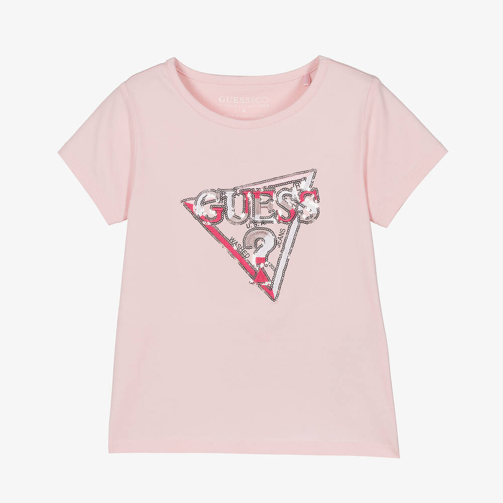 Guess - T-shirt rose en coton à sequins fille | Childrensalon
