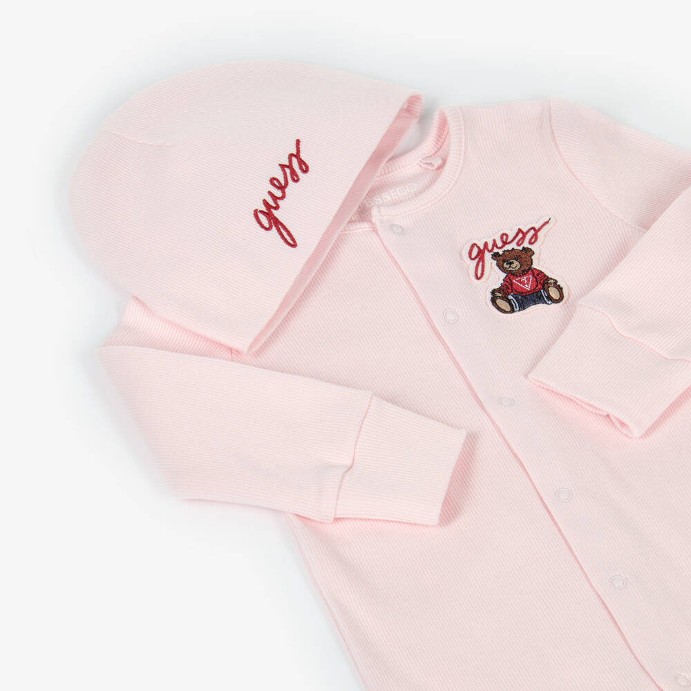 Guess-Girls Pink Cotton Teddy Babysuit Set | Childrensalon Outlet