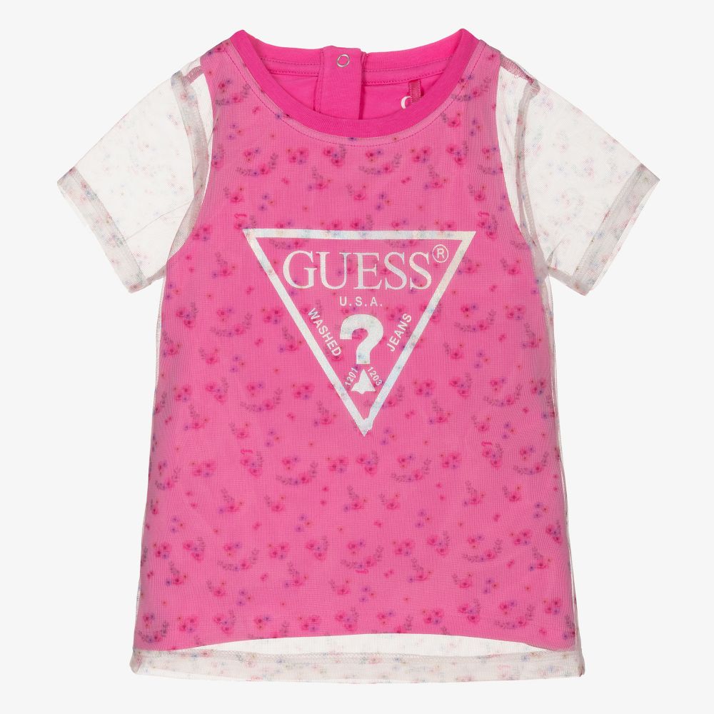 Guess - Girls Pink Floral Mesh T-Shirt | Childrensalon