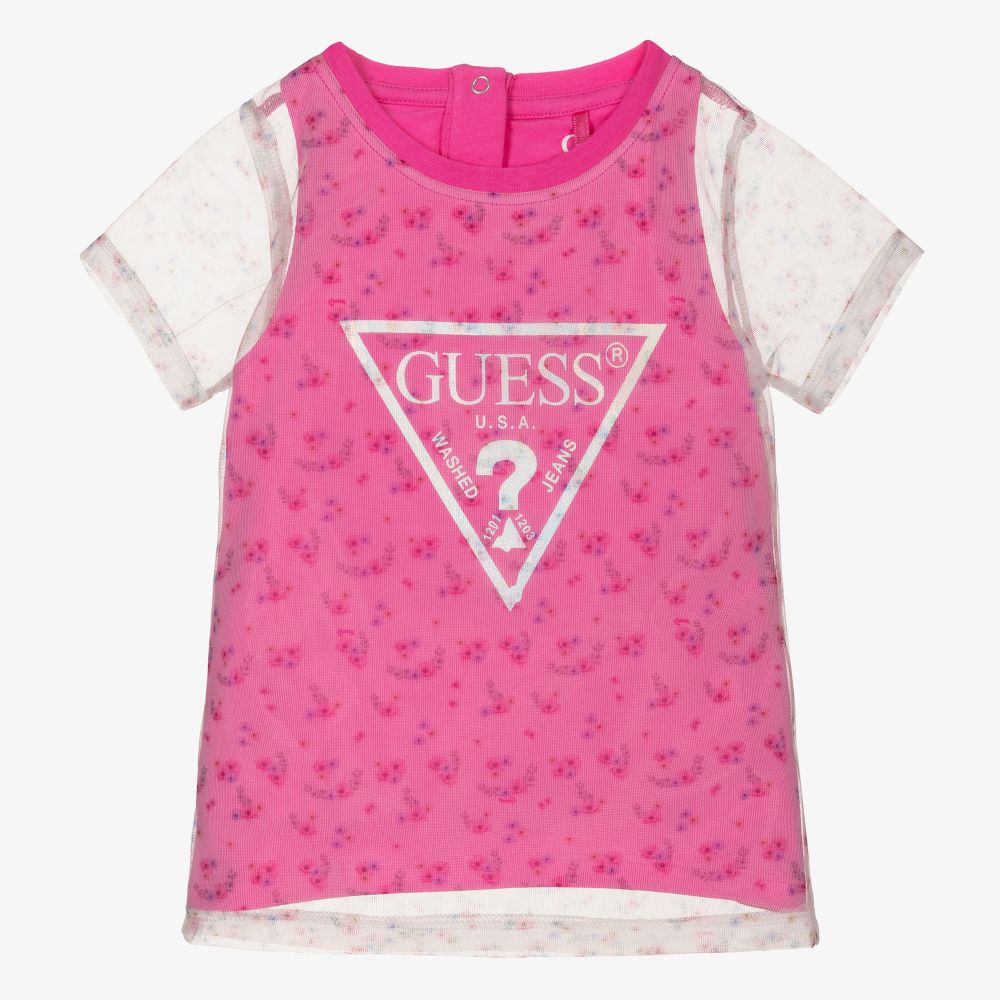 Guess - تيشيرت شبك وقطن لون زهري فوشيا بطبعة ورود للبنات | Childrensalon