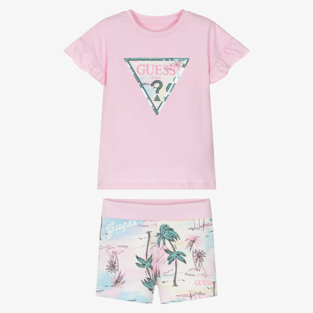 Guess-Girls Pink Patterned Shorts Set | Childrensalon Outlet