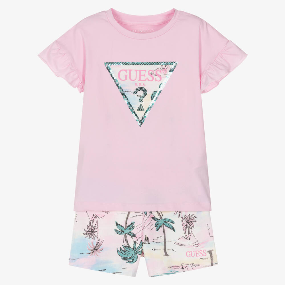 Guess-Girls Pink Patterned Shorts Set | Childrensalon Outlet