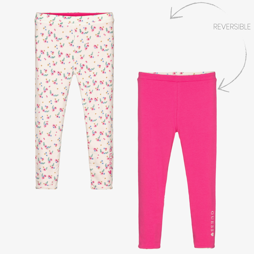 Guess-ليغنغز بوجهين قطن عضوي جيرسي لون زهري للبنات | Childrensalon Outlet