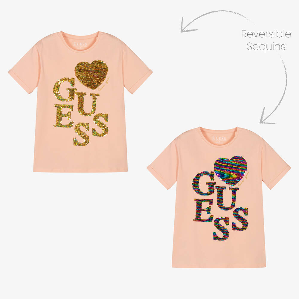 Guess - Girls Pink Reversible Sequin Logo T-Shirt | Childrensalon