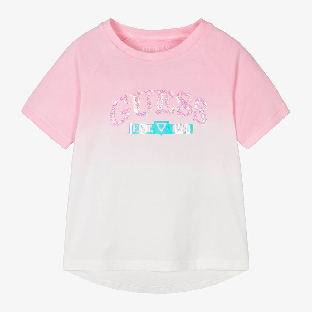Guess-Girls Pink Sequin Gradient Cotton T-Shirt | Childrensalon Outlet