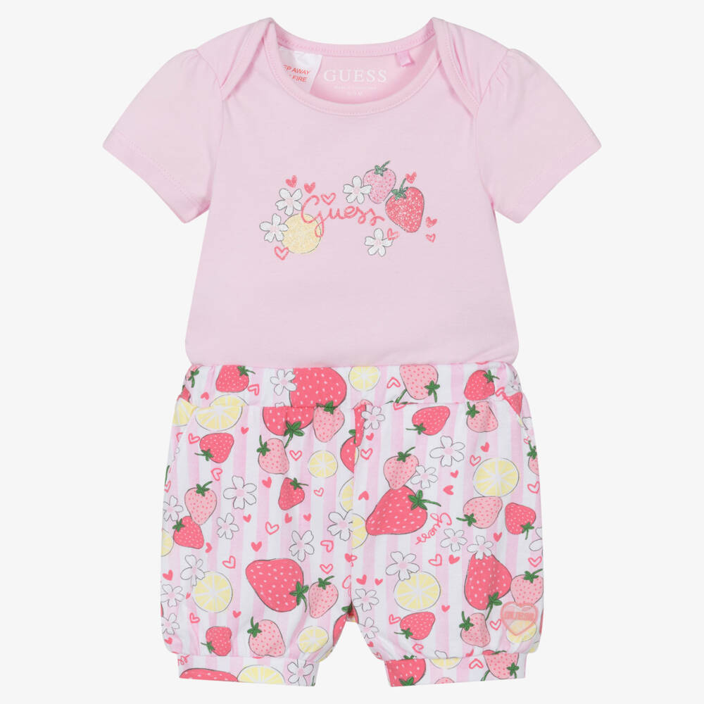Guess-Girls Pink Strawberry Pattern Shorts Set | Childrensalon Outlet
