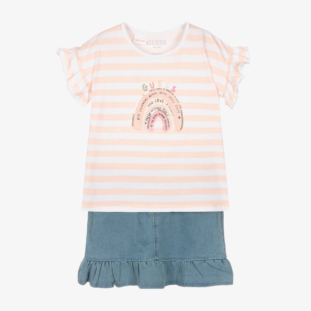 Guess - T-shirt rose rayé et jupe en jean | Childrensalon