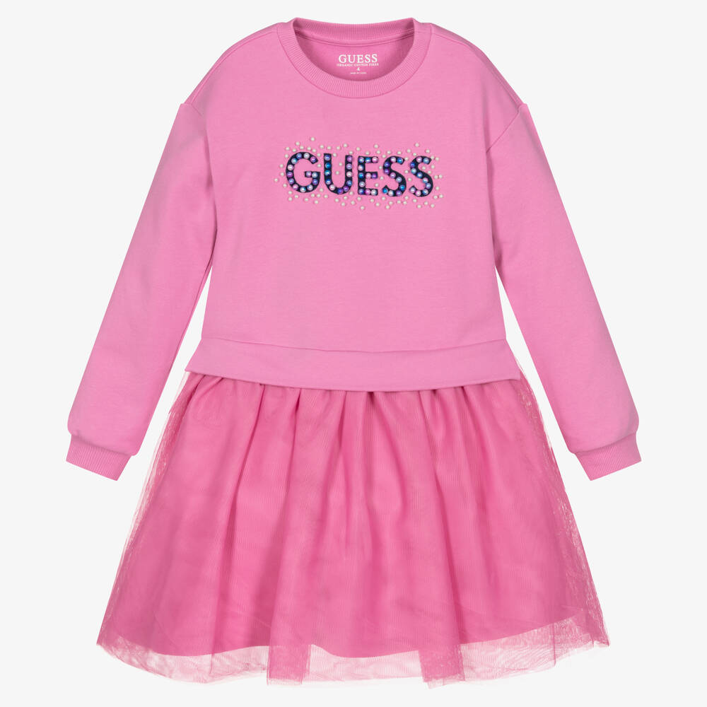 Guess - فستان سويتشيرت قطن جيرسي وتول لون زهري | Childrensalon