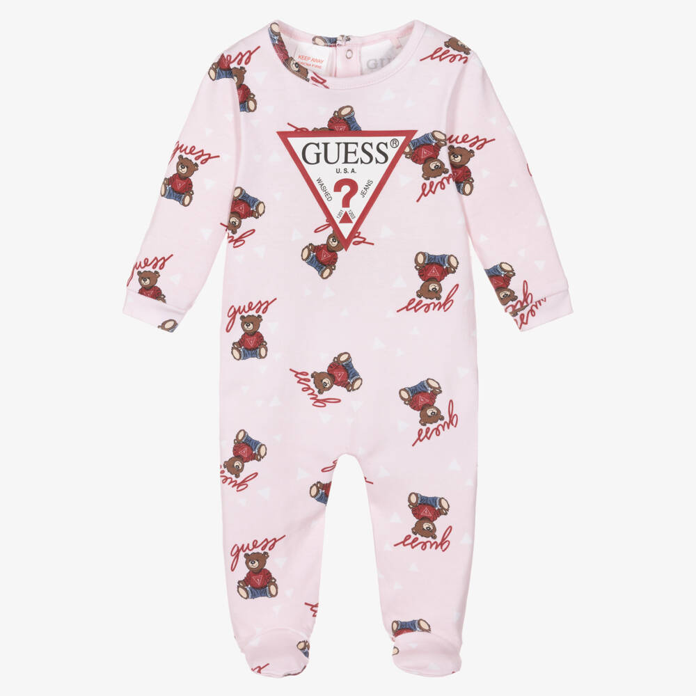 Guess-Girls Pink Teddy Cotton Babygrow | Childrensalon Outlet