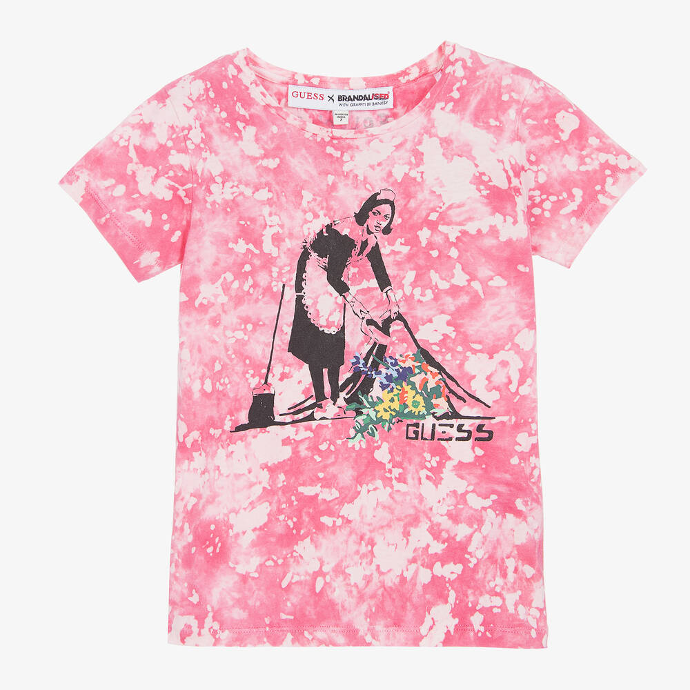 Guess - Girls Pink Tie-Dye Banksy T-Shirt | Childrensalon
