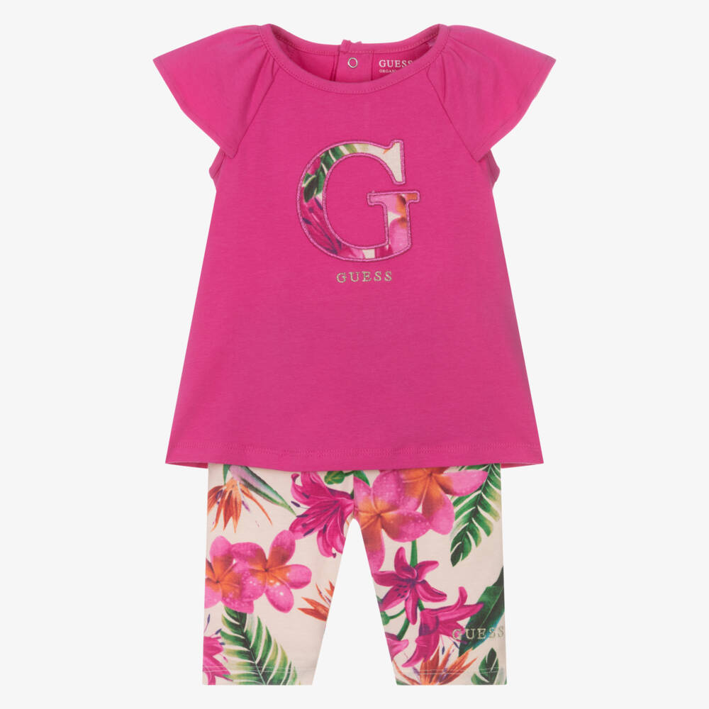 Guess-Розовая тропическая футболка и леггинсы для девочек | Childrensalon Outlet