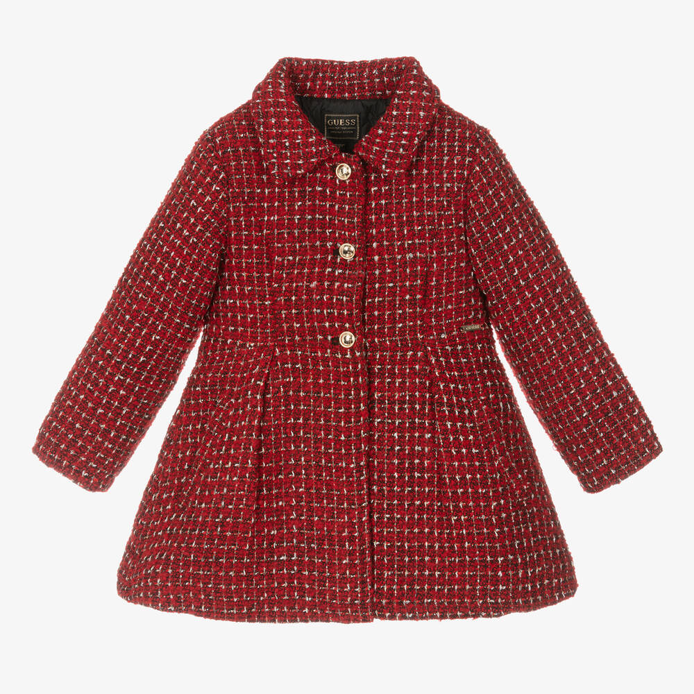 Guess - Girls Red & Black Tweed Coat | Childrensalon