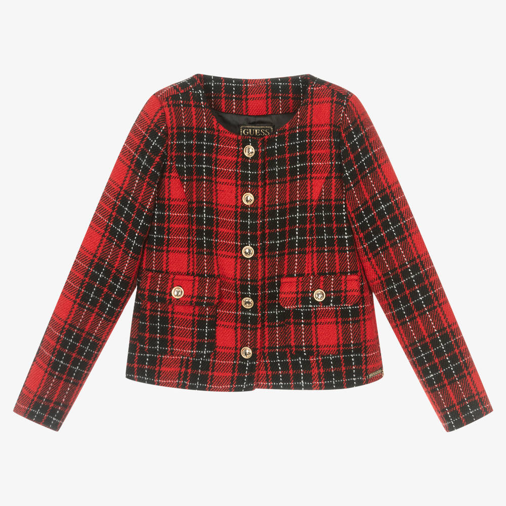 Guess - Красный пиджак в шотландскую клетку для девочек | Childrensalon