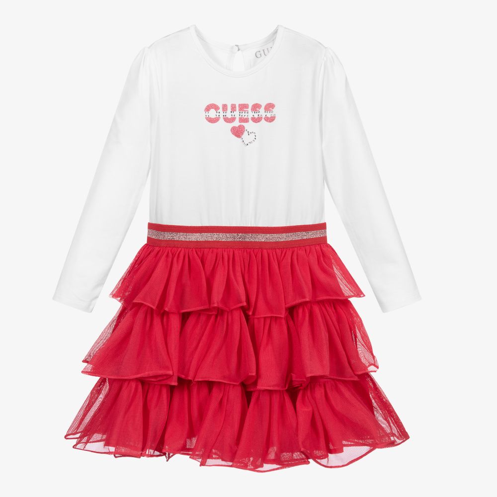 Guess - فستان تول لون أحمر مرجاني وأبيض | Childrensalon