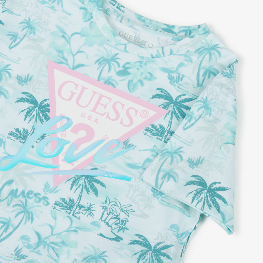 Guess-تيشيرت أزرق سماوي بنقشة الأشجار الاستوائية للبنات | Childrensalon Outlet